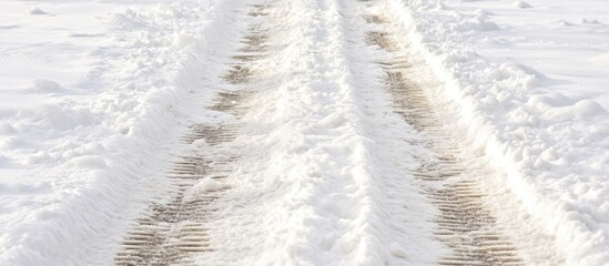 Poster - Snowy landscape with tire tracks leading through a winter road covered in fresh white snow
