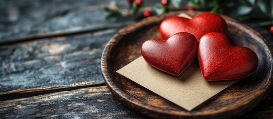 Aufkleber - Retro Valentine's Day hearts and greeting card beautifully arranged on wooden plate with greenery accents for romantic celebrations