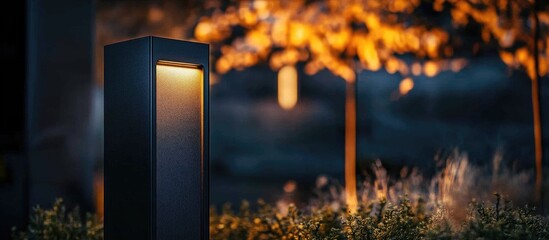 Poster - minimalist black metal framed lantern illuminated at night highlighting outdoor architecture and ser