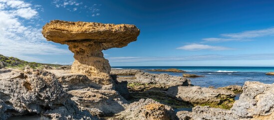 Poster - Mushroom Rock formation by the sea with clear blue skies and coastal landscape in a serene natural setting.