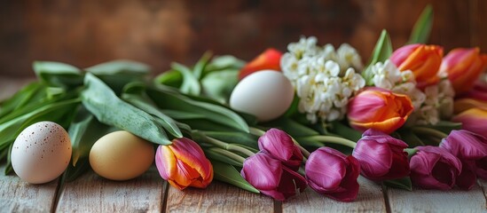 Aufkleber - Festive dinner table arrangement featuring vibrant tulips and decorative eggs on a rustic wooden surface
