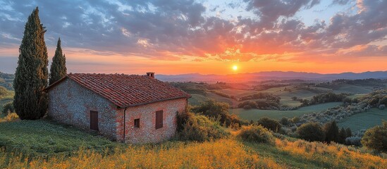 Poster - Serene Tuscan landscape featuring a vibrant orange sunset over rolling hills and a rustic stone cottage amidst lush greenery.