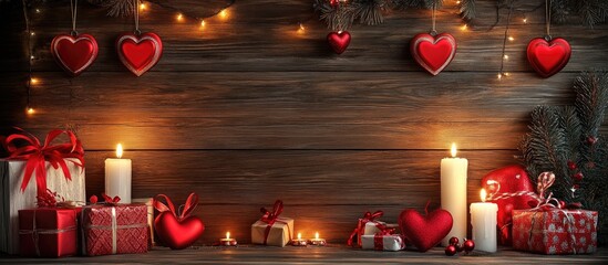 Poster - Wooden backdrop with red hearts candles and gifts creating a romantic ambiance for celebrations and special occasions