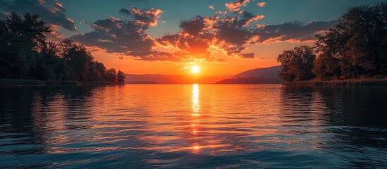 Poster - Tranquil lake sunset view with vibrant orange and turquoise sky reflecting on calm water surface surrounded by lush greenery