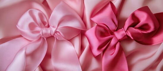 Poster - Elegant pink satin ribbon bows on smooth satin fabric background showcasing variety and texture for creative projects and DIY crafts.