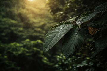 Poster - A close-up of a leaf glistening with dew, set against a lush, green forest backdrop illuminated by soft, warm sunlight.
