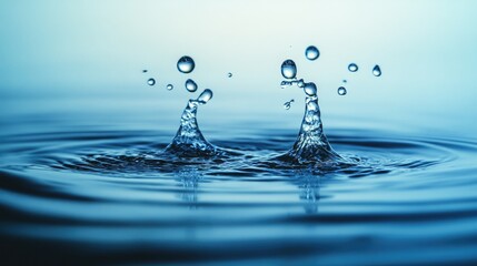Poster - Water droplets splashing in ripples on a calm surface creating an artistic and soothing composition with a light blue background
