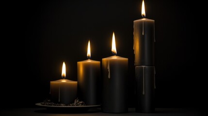 Poster - Elegant black candles with flickering flames on a dark isolated background creating a serene and atmospheric ambiance.