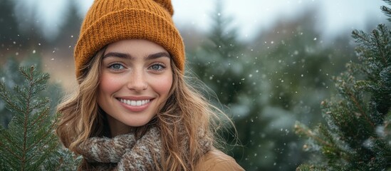 Poster - Smiling woman in cozy winter attire choosing a Christmas tree in a snowy outdoor setting surrounded by evergreen trees