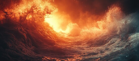 Aufkleber - Dynamic ocean waves illuminated by a fiery glow creating a dramatic and powerful natural scene perfect for atmospheric visuals.
