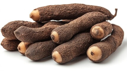 Poster - Tamarind pods arranged artistically on a clean white background showcasing their unique texture and natural beauty