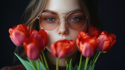 Young woman with sunglasses holding a bouquet of vibrant red tulips against a dark background showcasing beauty and elegance in a studio setting