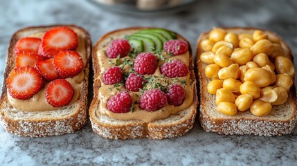 Aufkleber - Peanut butter toast variations with fresh fruits and nuts displayed on a kitchen counter for a vibrant breakfast scene