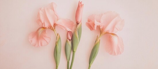 Aufkleber - Soft pink iris flowers elegantly arranged on a creamy background in a peaceful flat lay composition. Perfect for floral themes and aesthetics.