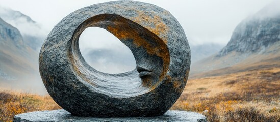 Aufkleber - Stone sculpture set against misty mountains with a cloudy sky creating a serene and contemplative outdoor atmosphere for art and nature enthusiasts.