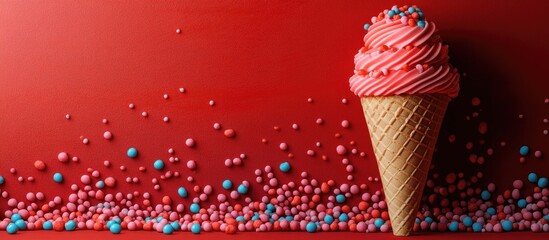 Poster - Colorful ice cream cone with swirls of pink and white topped with sprinkles against a vibrant red background with scattered candies.