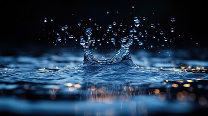 Poster - Water splash in dark ambiance with defocused droplets creating a mesmerizing bokeh effect in a serene liquid environment