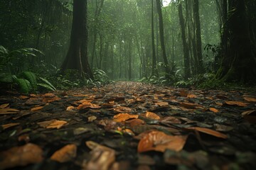 Aufkleber - A serene forest path covered in fallen leaves, surrounded by tall trees and a misty atmosphere, inviting exploration and tranquility.