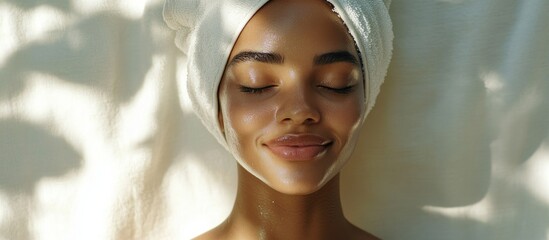 Poster - Joyful woman with radiant skin and towel on her head relaxing in spa setting against a soft white background for wellness and beauty themes