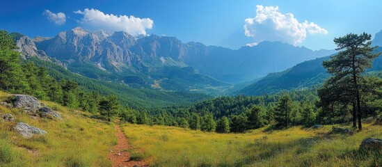 Poster - Breathtaking panoramic view of a pristine natural landscape with mountains and green fields under a clear blue sky