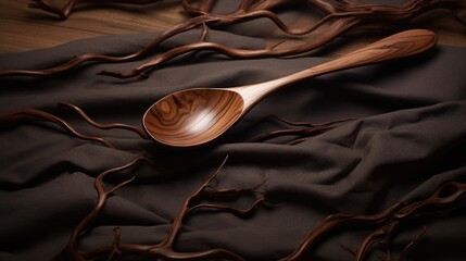 Poster - Elegant wooden spoon resting on dark fabric surrounded by twisted branches showcasing craftsmanship and natural beauty of woodwork.