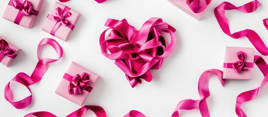 Poster - Pink ribbon heart and gift boxes on white background ideal for Valentine's Day and Women's Day celebration with ample space for text.