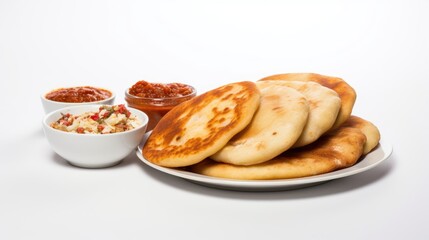 Poster - Traditional papa a la huancaina served with sauces and side dishes on a white background with ample copy space for advertising purposes