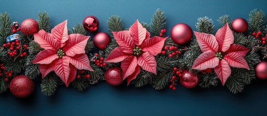 Poster - Crafting Festive Decorations with Pink Poinsettias Fir Branches and Ornaments for a Holiday Centerpiece Arrangement