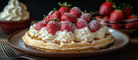 Aufkleber - Swedish waffles adorned with fresh strawberries and whipped cream served on a rustic plate with additional strawberries in background.