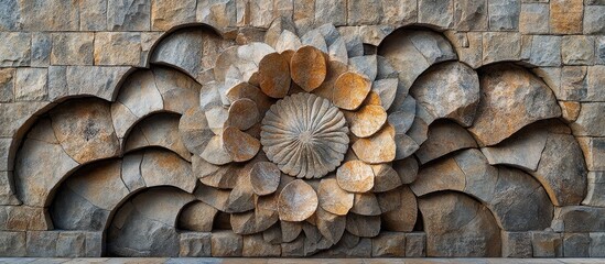 Poster - Intricate stone wall design featuring a central floral motif surrounded by leaf-like patterns showcasing craftsmanship and artistic detail