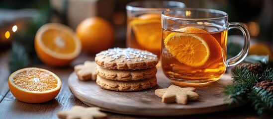 Poster - Christmas tea with gingerbread cookies and fresh oranges creating a cozy festive atmosphere on a wooden table decorated for the holidays