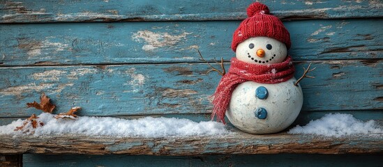 Aufkleber - Charming snowman on rustic wood background with snow and cozy winter accessories creating an inviting seasonal atmosphere.