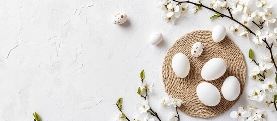 Poster - Top view of decorative flowers and white eggs on a round mat with a blank background ideal for seasonal or festive themes