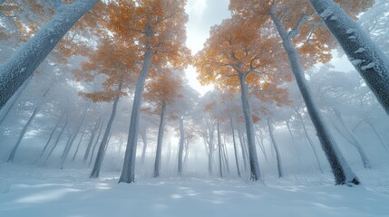 Poster - Winter forest landscape with snow-covered trees and autumn leaves creating a serene and tranquil atmosphere in a misty environment