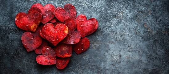 Aufkleber - Heart shaped red petals arranged artistically on a textured grey background creating a romantic and elegant atmosphere for love themed concepts