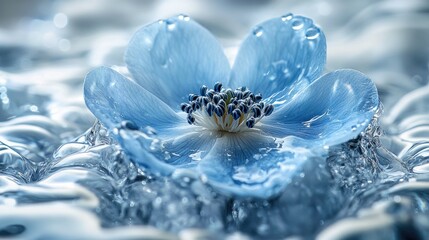 Poster - Water splash resembling a delicate blue flower creating an artistic pattern against a bright white background