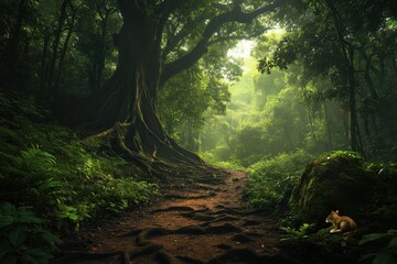 Aufkleber - A serene forest scene featuring a large tree, lush greenery, and a small animal amidst a winding path, illuminated by soft, diffused light.