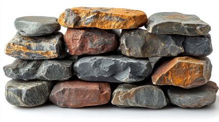 Poster - Stacked natural stones in various colors isolated on white background for design and decorative purposes