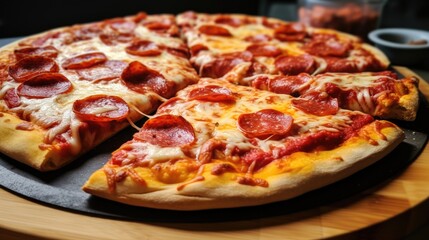 Aufkleber - Delicious freshly baked pepperoni pizza served on a wooden board with melted cheese and crispy crust.