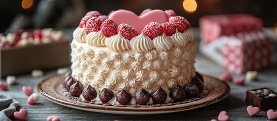 Poster - Heart-shaped cake adorned with raspberries on a decorative plate surrounded by assorted candy hearts and chocolates in a festive setting.