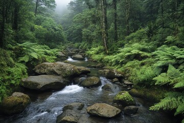 Aufkleber - A serene forest scene featuring a flowing stream surrounded by lush greenery and rocks, evoking tranquility and natural beauty.