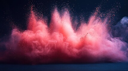 Poster - Vibrant red powder explosion creating an abstract backdrop against a dark background showcasing colorful dust and texture dynamics