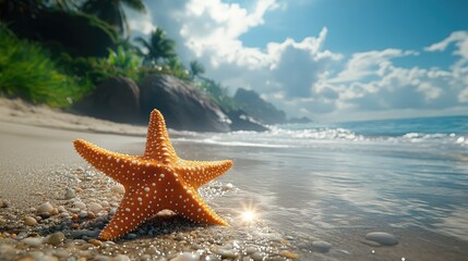 Poster - Starfish peacefully resting on sunlit sandy beach with gentle waves and tropical scenery under a blue sky