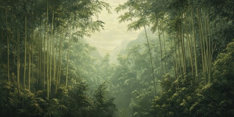 Aufkleber - A serene bamboo forest scene, filled with lush greenery and soft light filtering through the trees, creating a peaceful atmosphere.