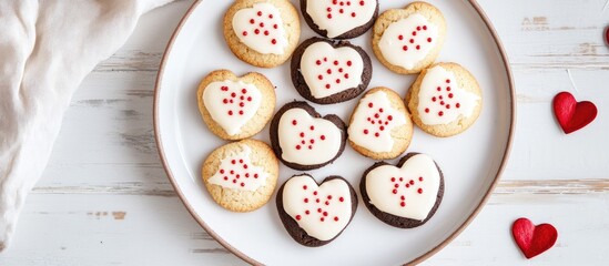 Aufkleber - Valentine's Day Shortbread Cookies with Chocolate Glaze and Heart Sprinkles on White Plate Aerial View of Sweet Holiday Treats