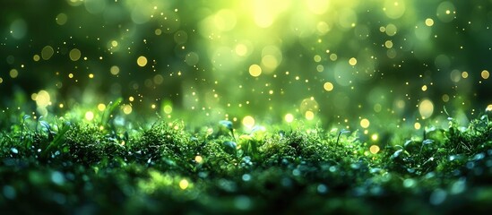 Poster - Green bokeh background with shimmering light effects creating a serene and enchanting atmosphere for nature or festive themes