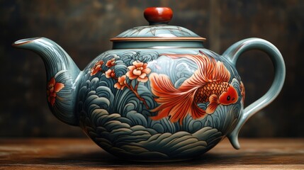 Poster - Decorative Chinese Teapot with Vibrant Fish and Floral Patterns on a Rustic Background