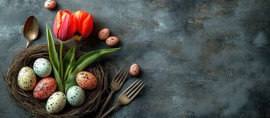 Aufkleber - Easter table setting with colorful eggs tulip flowers and cutlery on a rustic grey background for festive celebrations and decoration concepts