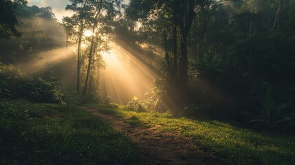 Aufkleber - A beautiful forest scene with sunlight filtering through trees, creating a serene atmosphere filled with lush greenery and soft shadows.