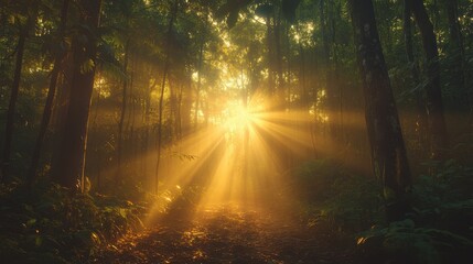 Poster - A serene forest scene illuminated by sun rays filtering through the trees, creating a tranquil and ethereal atmosphere.